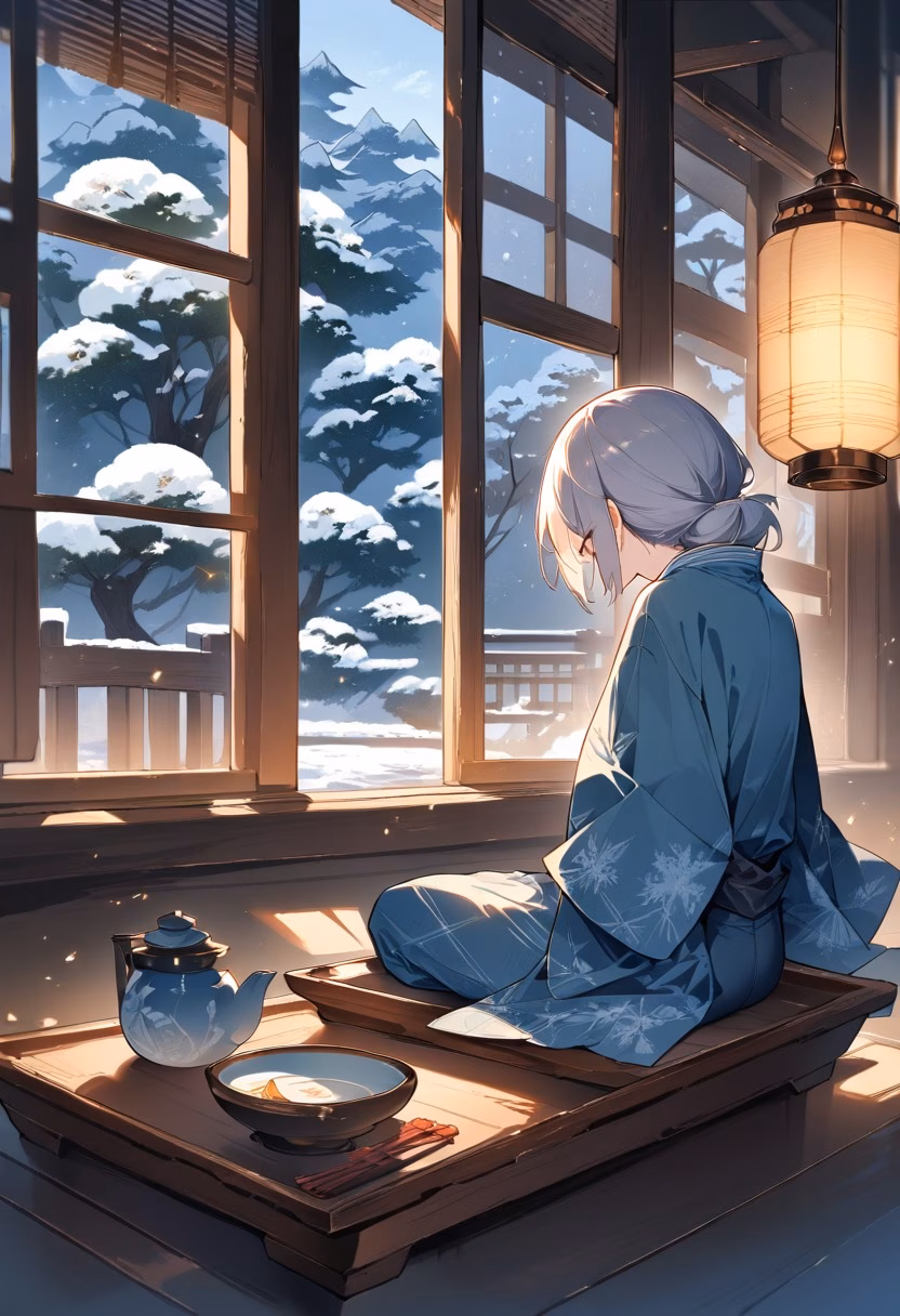 Ceramic Tea Set — view 3 — Artisan ceramic tea set with matte glazed cups, arranged on low wooden tray table, calm winter evening with snow falling