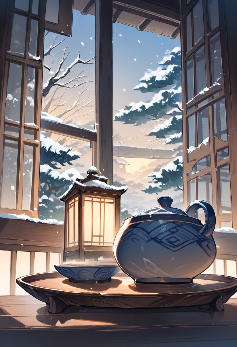Ceramic Tea Set — view 4 — Artisan ceramic tea set with matte glazed cups, arranged on low wooden tray table, calm winter evening with snow falling