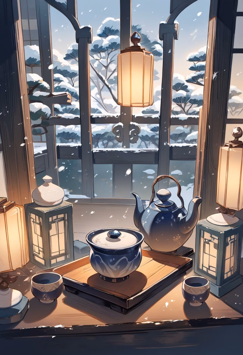 Ceramic Tea Set — view 5 — Artisan ceramic tea set with matte glazed cups, arranged on low wooden tray table, calm winter evening with snow falling