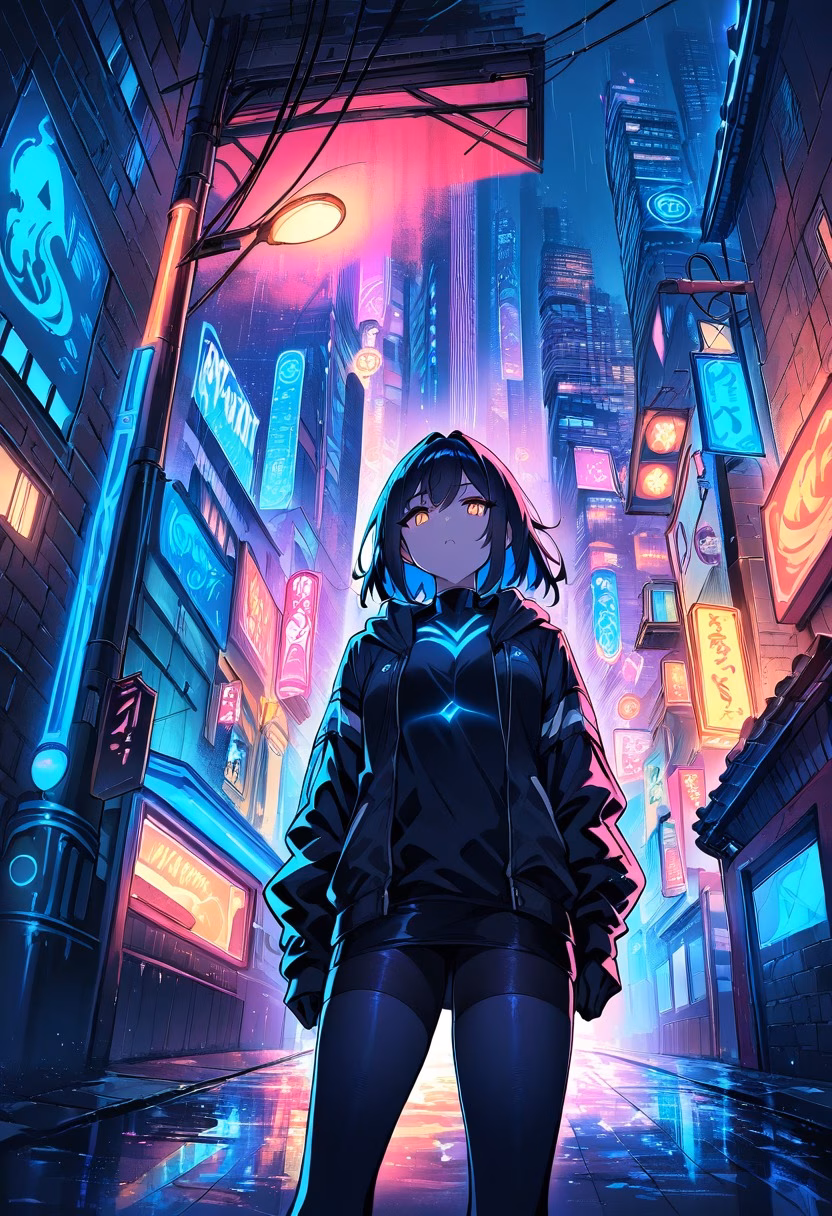 Neon Alley Rain — view 1 — Neon-lit alleyway with vibrant graffiti-covered walls, winding between tall downtown buildings, rainy autumn evening wit