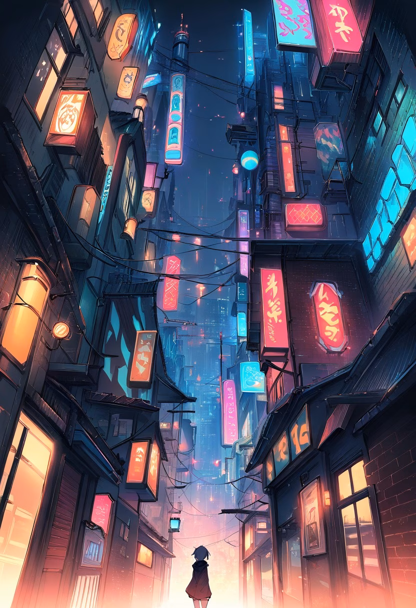 Neon Alley Rain — view 2 — Neon-lit alleyway with vibrant graffiti-covered walls, winding between tall downtown buildings, rainy autumn evening wit