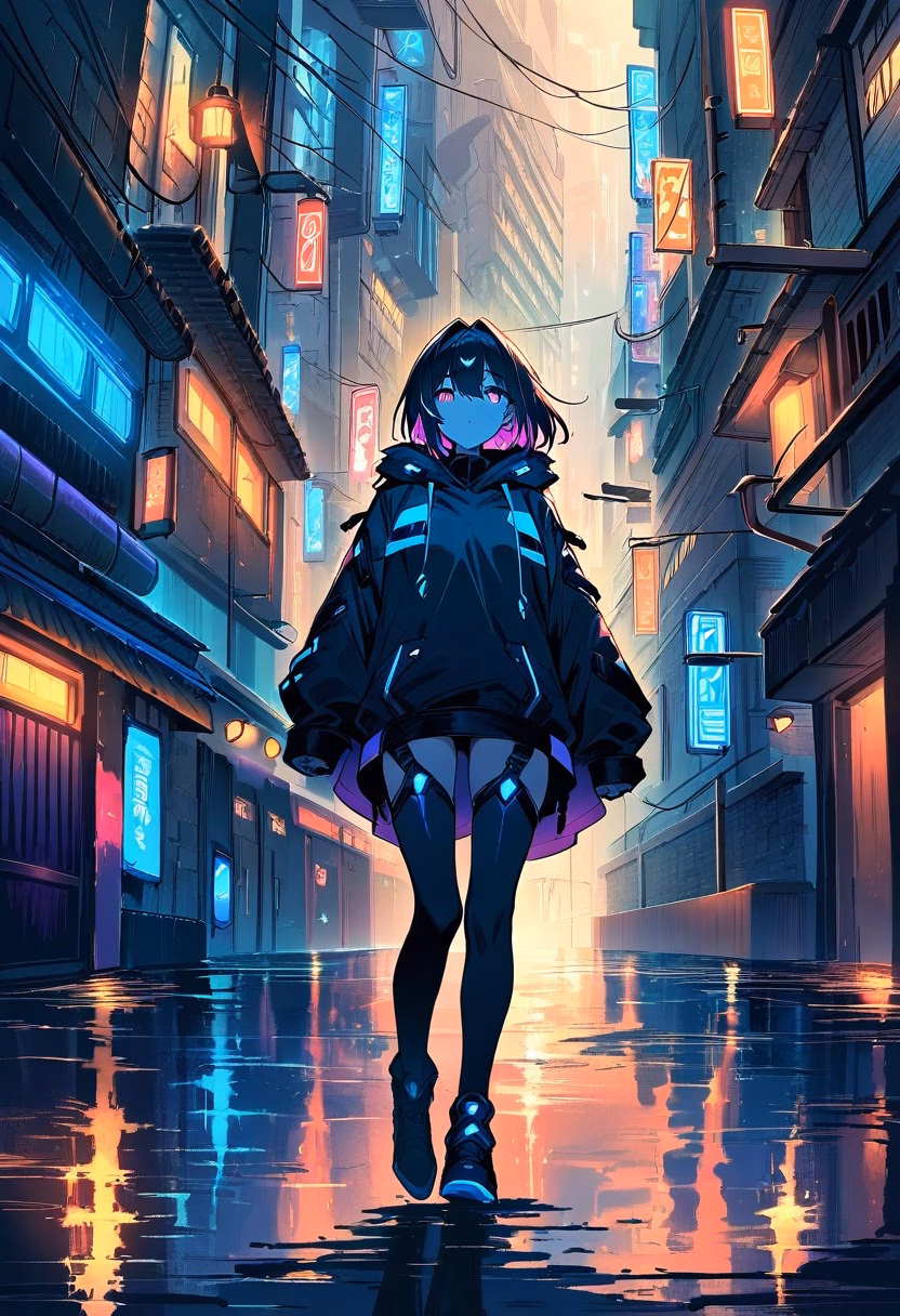 Neon Alley Rain — view 4 — Neon-lit alleyway with vibrant graffiti-covered walls, winding between tall downtown buildings, rainy autumn evening wit