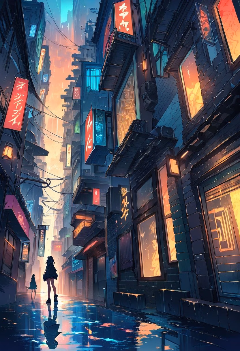 Neon Alley Rain — view 5 — Neon-lit alleyway with vibrant graffiti-covered walls, winding between tall downtown buildings, rainy autumn evening wit