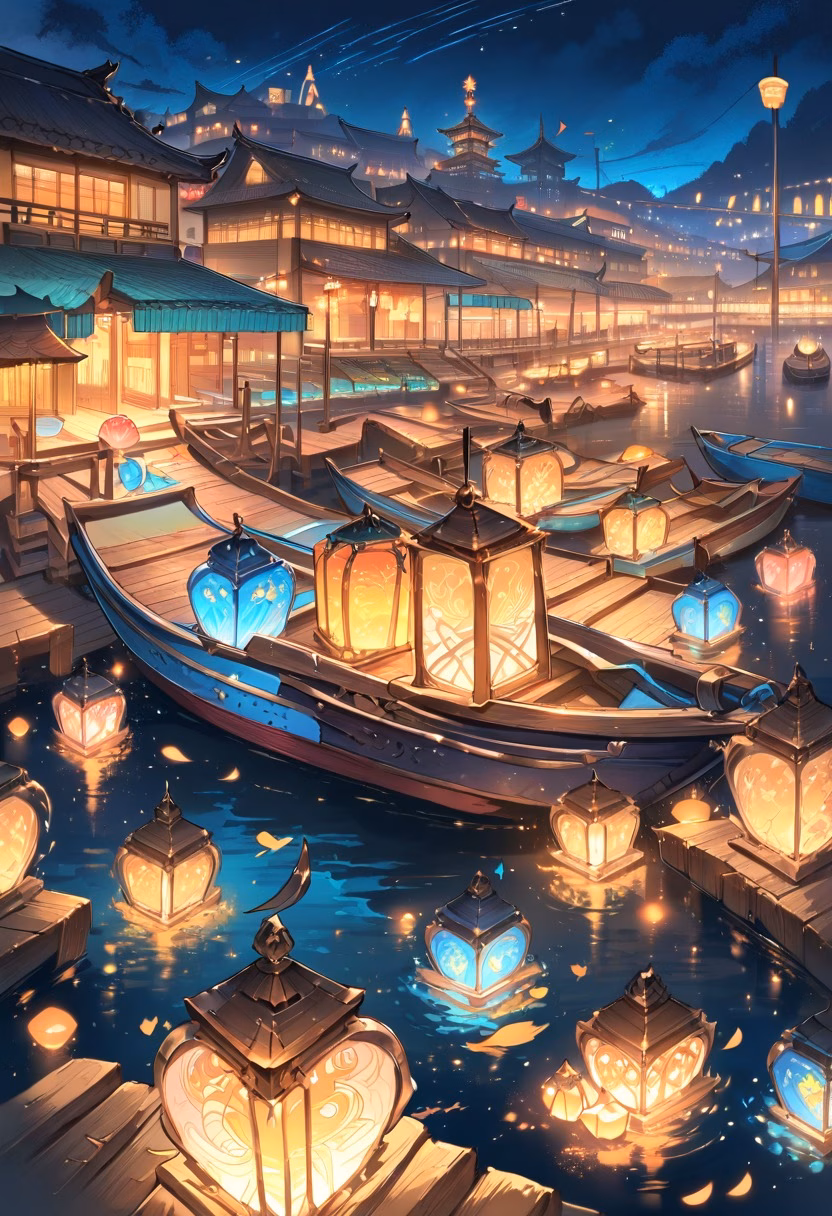 Waterfront Pier Night — view 1 — Bustling waterfront pier with colorful moored boats, extending into calm harbor waters, humid summer night with festival