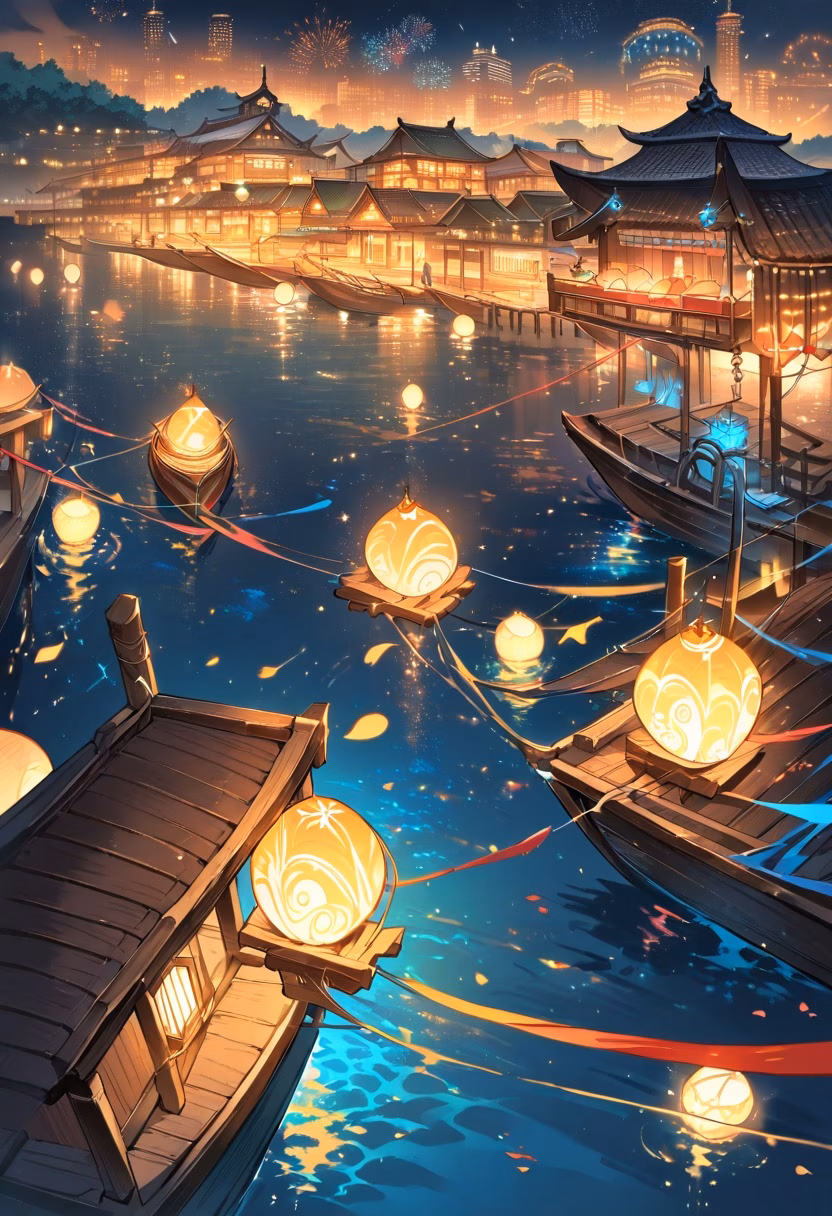 Waterfront Pier Night — view 2 — Bustling waterfront pier with colorful moored boats, extending into calm harbor waters, humid summer night with festival