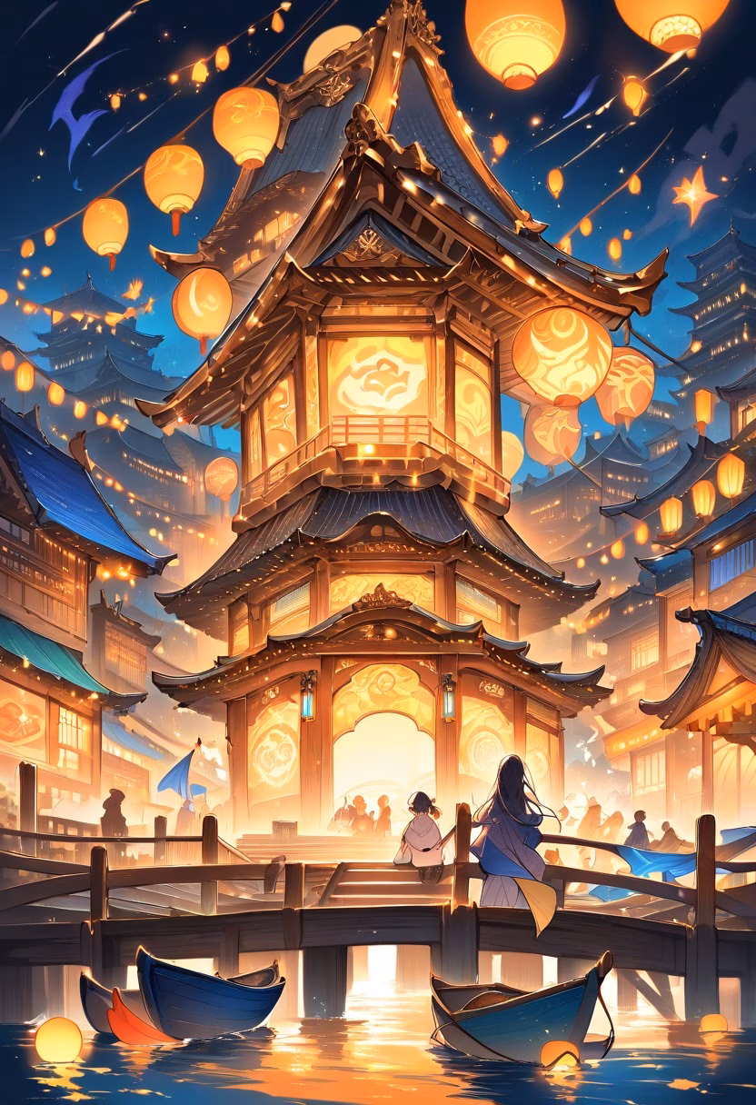 Waterfront Pier Night — view 3 — Bustling waterfront pier with colorful moored boats, extending into calm harbor waters, humid summer night with festival