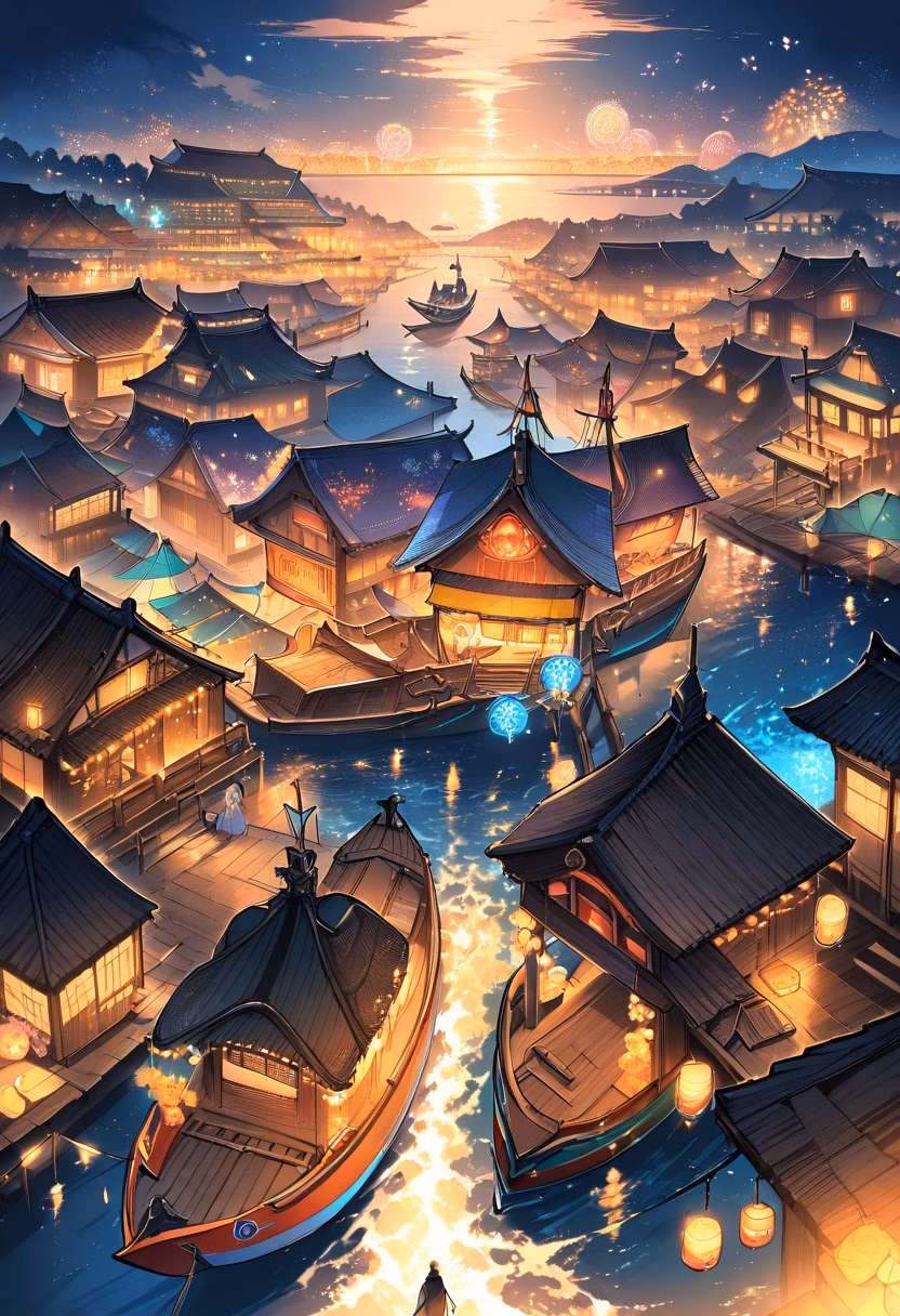 Waterfront Pier Night — view 4 — Bustling waterfront pier with colorful moored boats, extending into calm harbor waters, humid summer night with festival