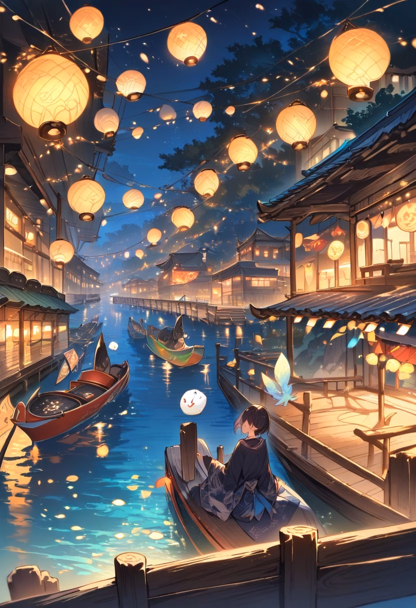 Waterfront Pier Night — view 5 — Bustling waterfront pier with colorful moored boats, extending into calm harbor waters, humid summer night with festival