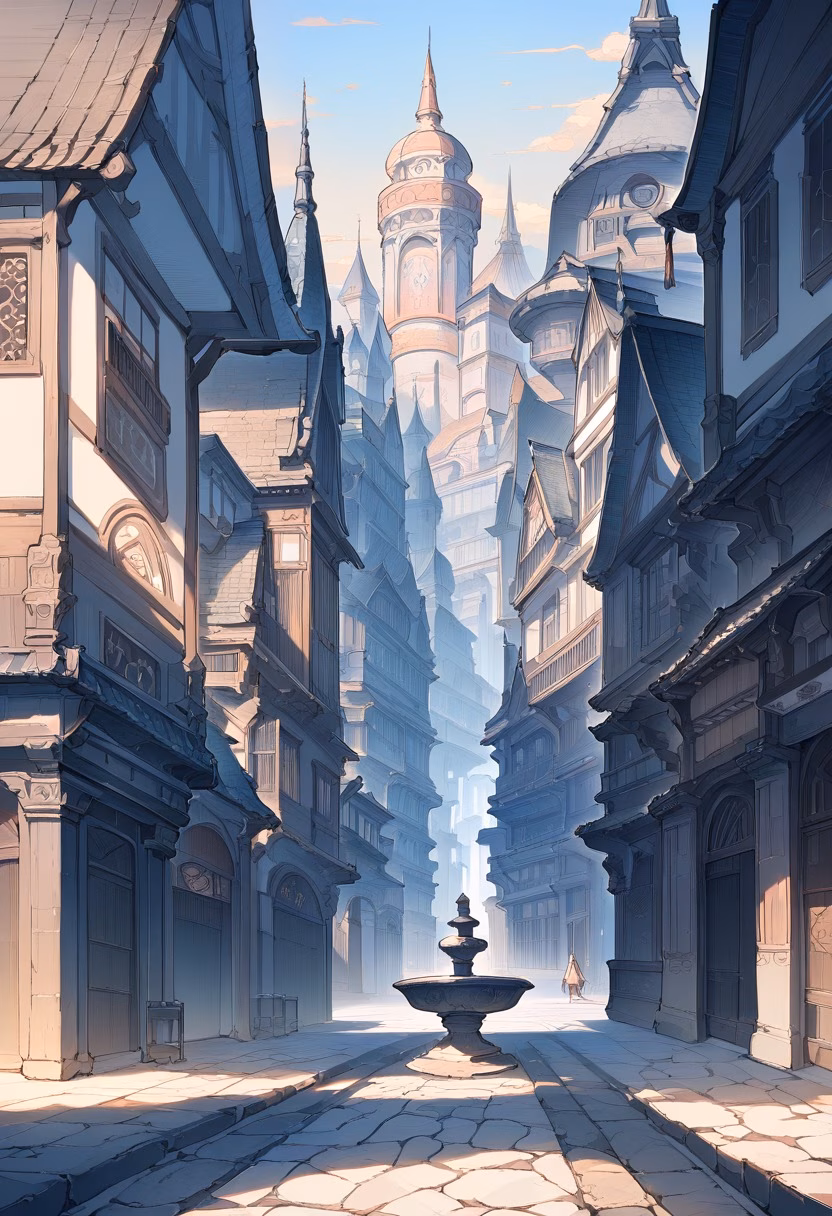 Cobblestone Plaza Dawn — view 1 — Quiet cobblestone plaza with ornate stone fountain center, surrounded by historic pastel facades, crisp spring morning m