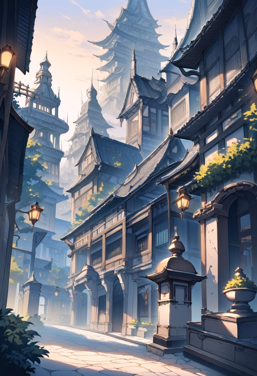 Cobblestone Plaza Dawn — view 2 — Quiet cobblestone plaza with ornate stone fountain center, surrounded by historic pastel facades, crisp spring morning m