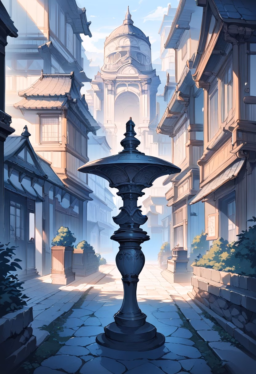 Cobblestone Plaza Dawn — view 3 — Quiet cobblestone plaza with ornate stone fountain center, surrounded by historic pastel facades, crisp spring morning m
