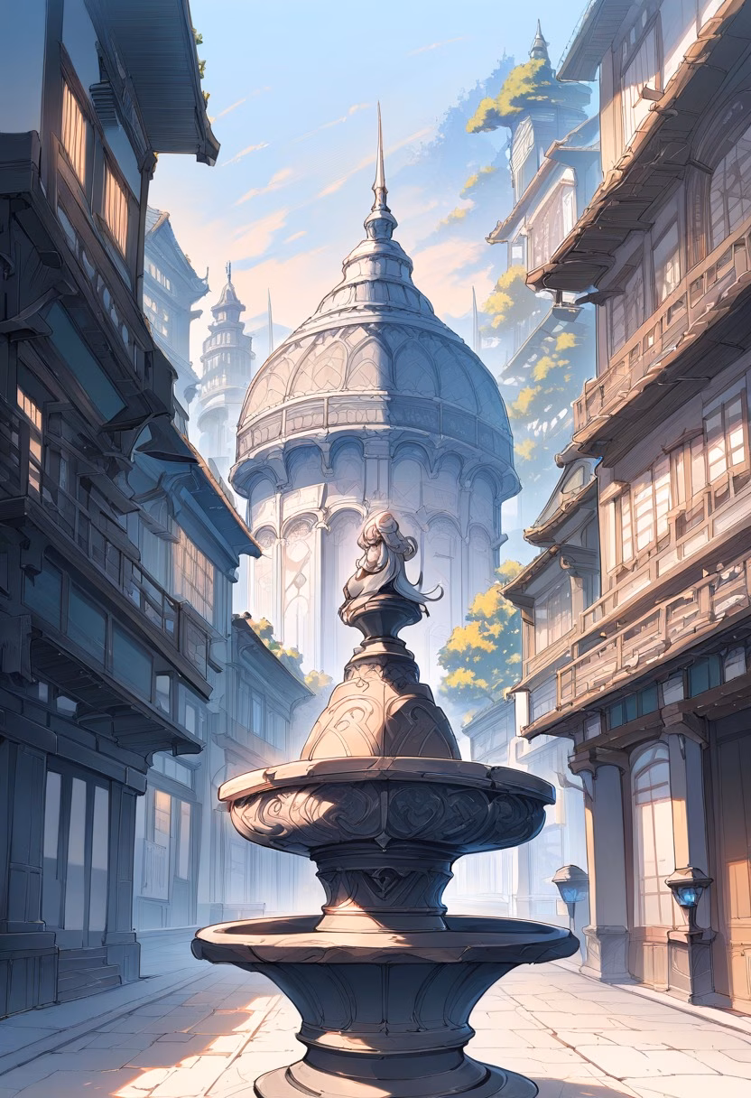Cobblestone Plaza Dawn — view 4 — Quiet cobblestone plaza with ornate stone fountain center, surrounded by historic pastel facades, crisp spring morning m