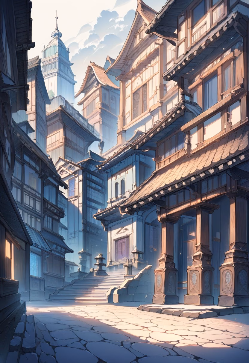 Cobblestone Plaza Dawn — view 5 — Quiet cobblestone plaza with ornate stone fountain center, surrounded by historic pastel facades, crisp spring morning m
