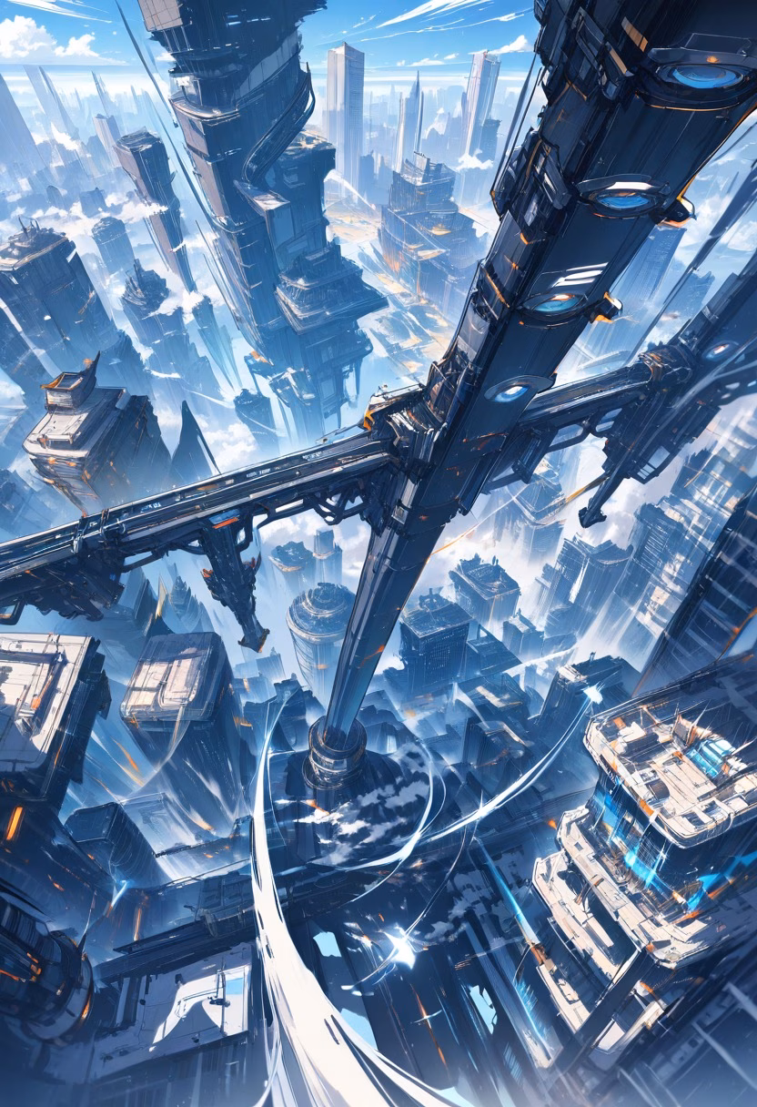 Elevated Metro Tracks — view 4 — Elevated metro tracks with sleek steel rails, curving through modern city skyline, clear winter day with sharp clouds ab