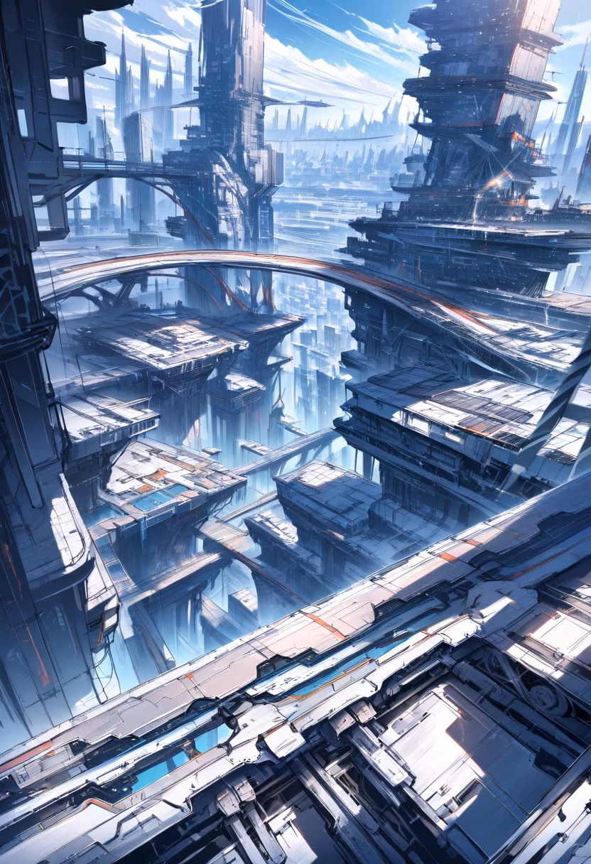 Elevated Metro Tracks — view 5 — Elevated metro tracks with sleek steel rails, curving through modern city skyline, clear winter day with sharp clouds ab