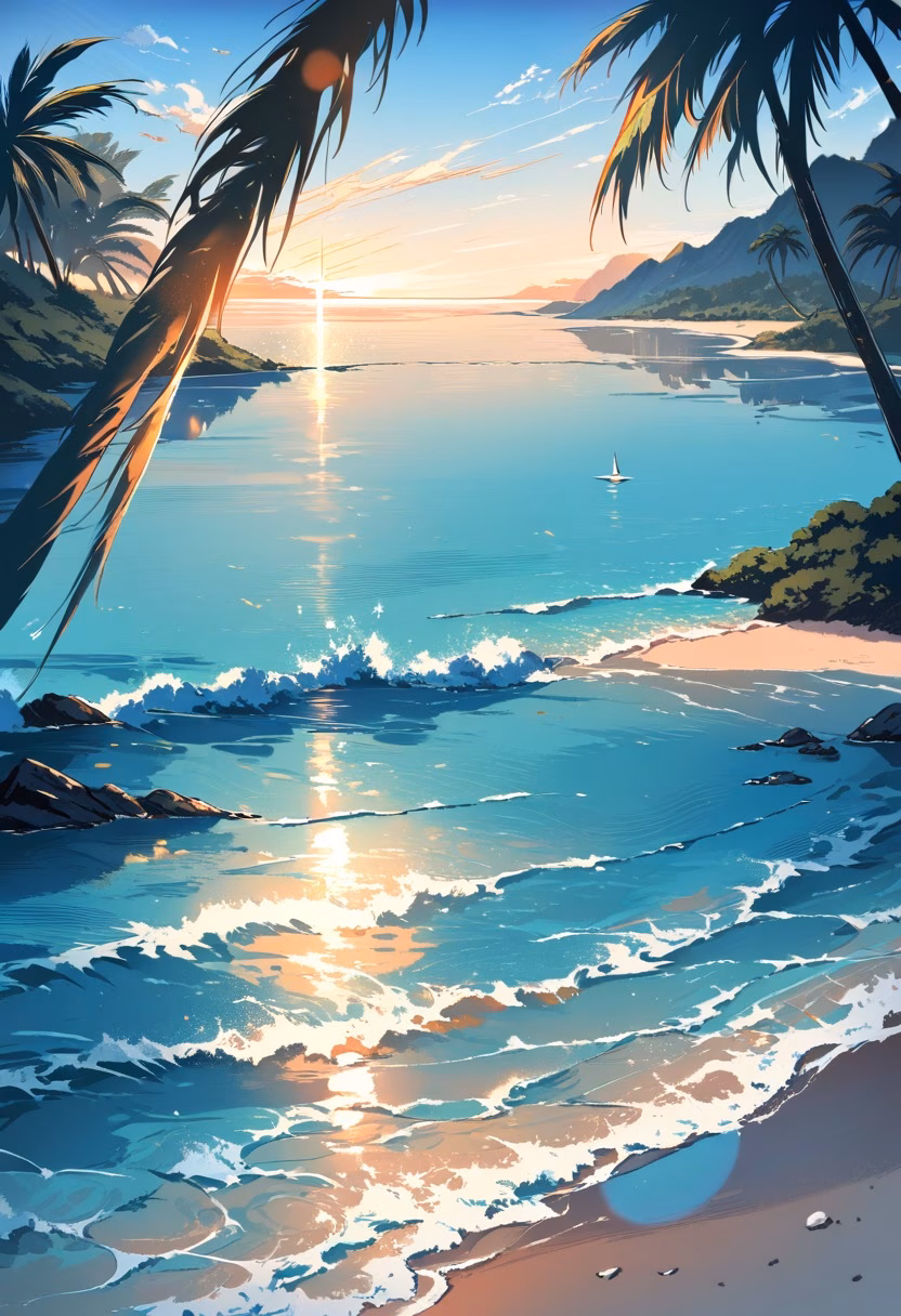 Tropical Lagoon Paradise — view 1 — Tropical island lagoon with turquoise crystal waters, fringed by swaying palm trees and white sand, warm summer breeze r