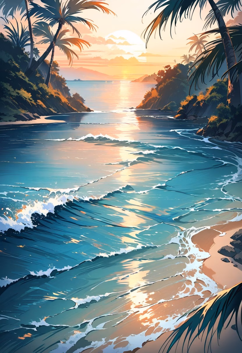 Tropical Lagoon Paradise — view 2 — Tropical island lagoon with turquoise crystal waters, fringed by swaying palm trees and white sand, warm summer breeze r
