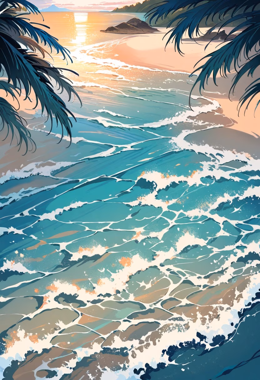 Tropical Lagoon Paradise — view 3 — Tropical island lagoon with turquoise crystal waters, fringed by swaying palm trees and white sand, warm summer breeze r