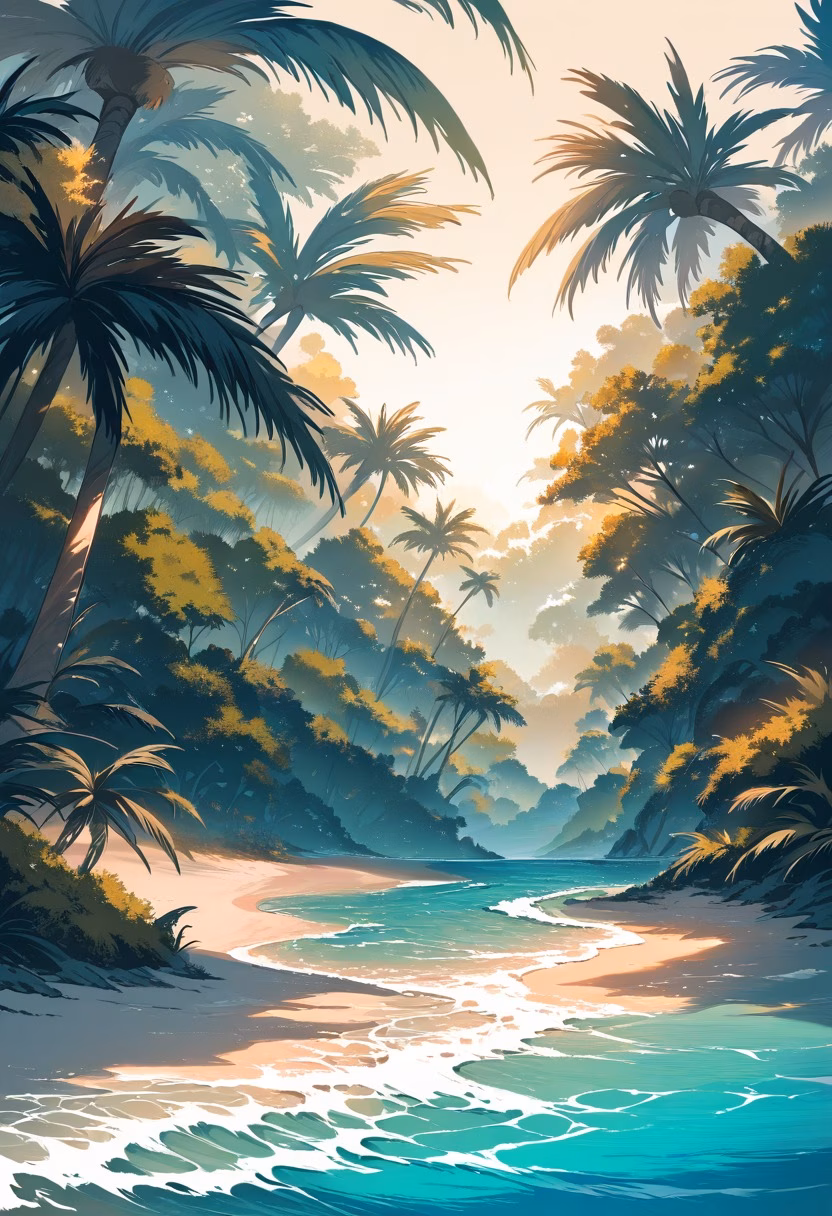 Tropical Lagoon Paradise — view 5 — Tropical island lagoon with turquoise crystal waters, fringed by swaying palm trees and white sand, warm summer breeze r