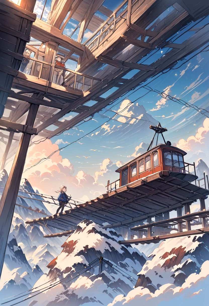 Alpine Cable Station — view 1 — Alpine cable car station with sturdy wooden platform, perched high above snowy mountain pass, chilly autumn dusk with lo