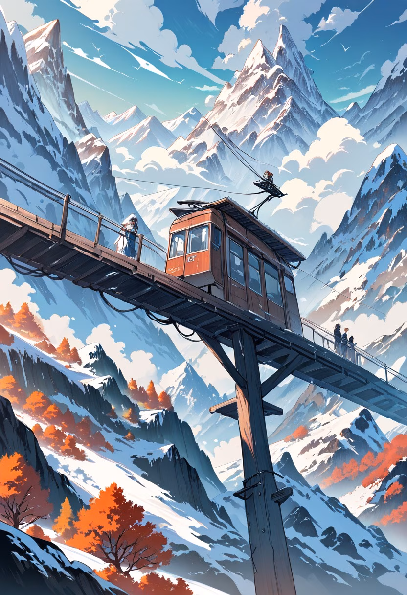 Alpine Cable Station — view 2 — Alpine cable car station with sturdy wooden platform, perched high above snowy mountain pass, chilly autumn dusk with lo