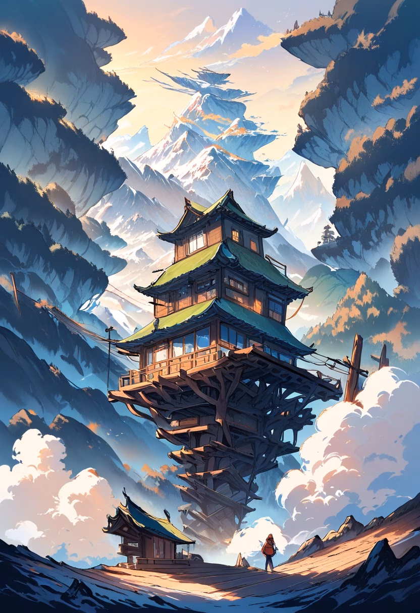 Alpine Cable Station — view 3 — Alpine cable car station with sturdy wooden platform, perched high above snowy mountain pass, chilly autumn dusk with lo