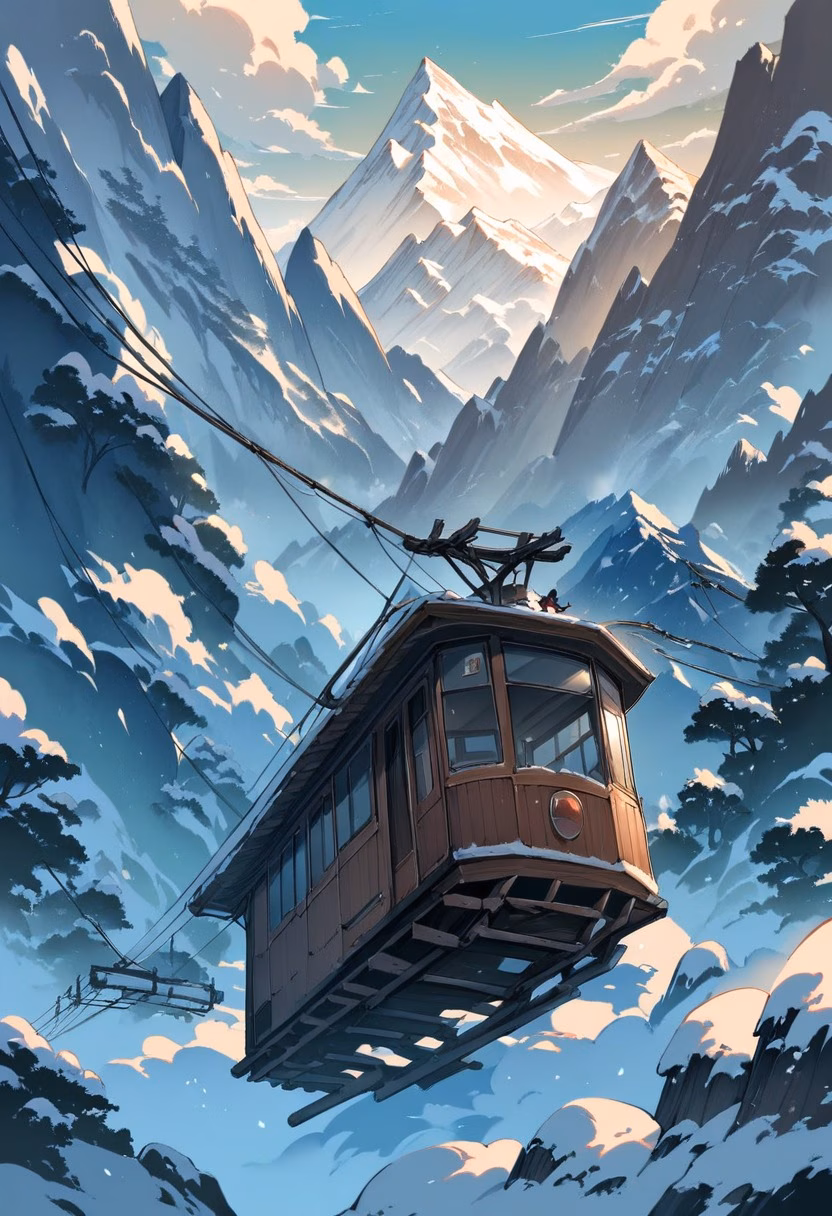 Alpine Cable Station — view 4 — Alpine cable car station with sturdy wooden platform, perched high above snowy mountain pass, chilly autumn dusk with lo