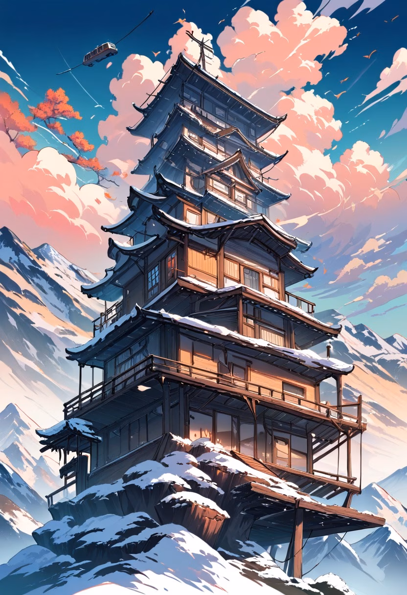 Alpine Cable Station — view 5 — Alpine cable car station with sturdy wooden platform, perched high above snowy mountain pass, chilly autumn dusk with lo