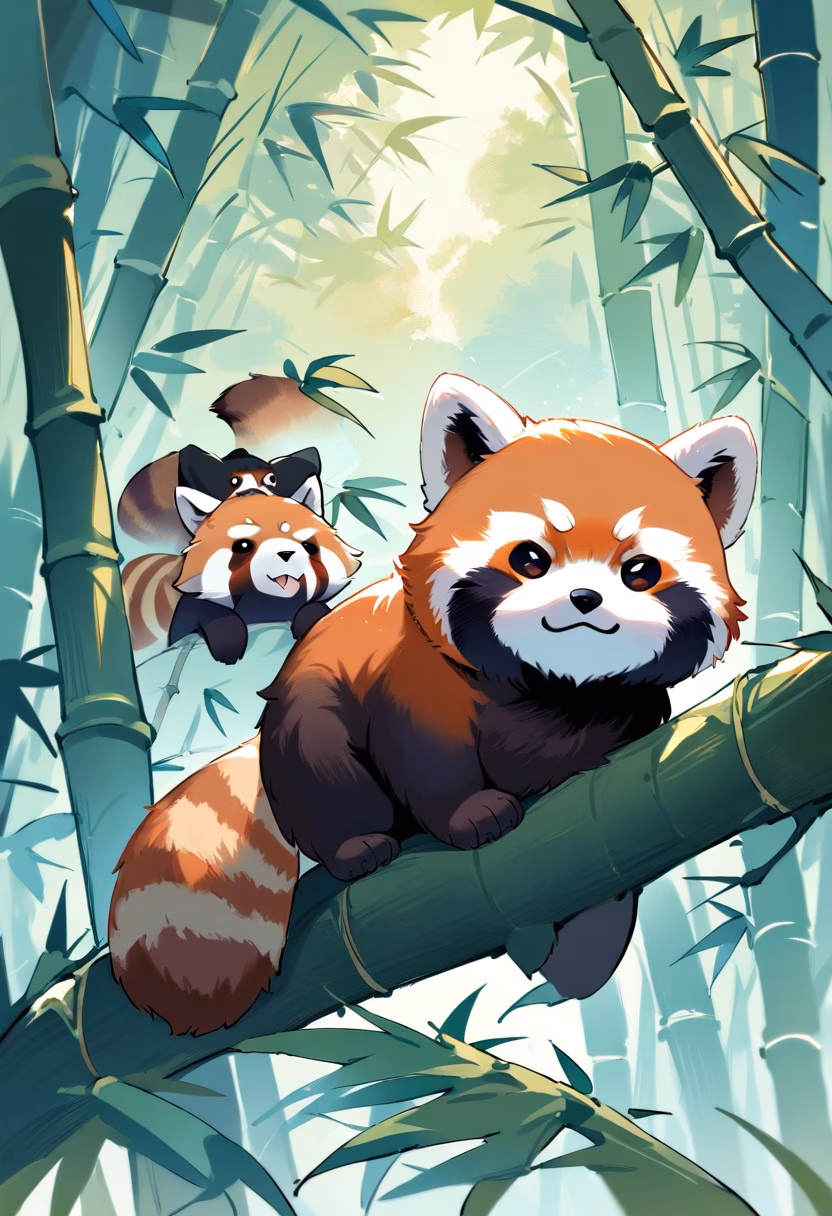 Resting Red Panda — view 2 — red panda, resting on tree branch, bamboo forest, fluffy tail, curious expression, wildlife, cute, detailed fur, masterp