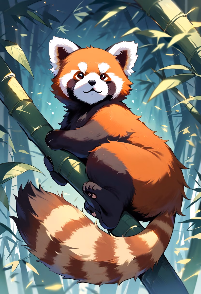 Resting Red Panda — view 3 — red panda, resting on tree branch, bamboo forest, fluffy tail, curious expression, wildlife, cute, detailed fur, masterp