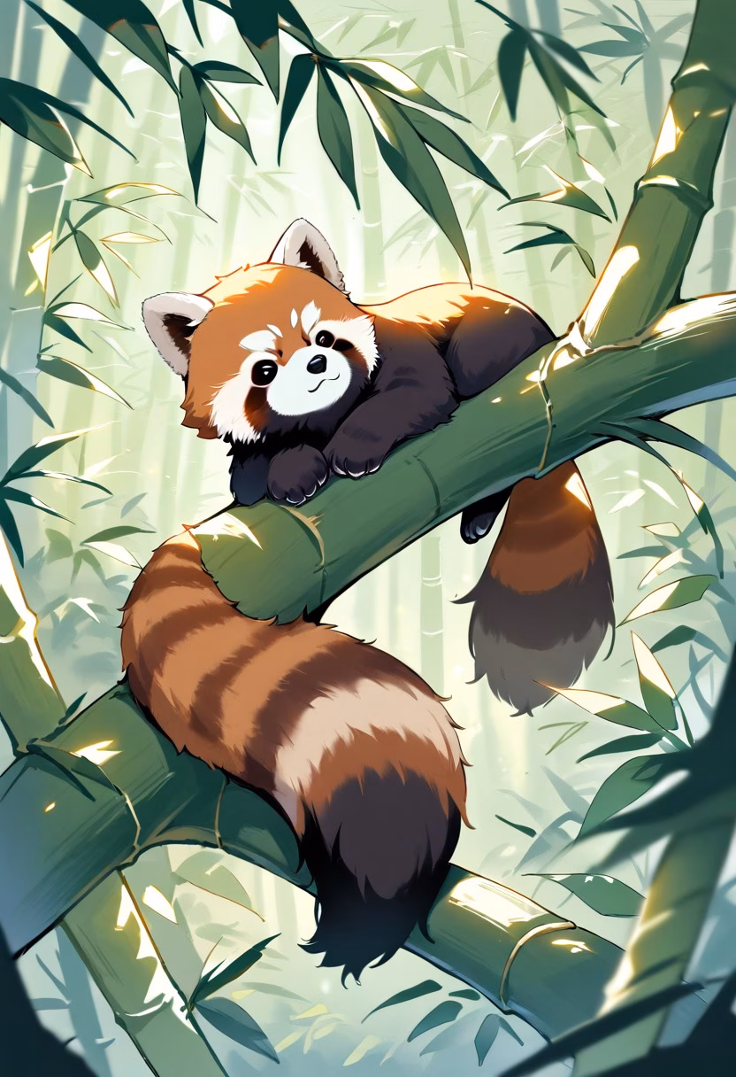 Resting Red Panda — view 4 — red panda, resting on tree branch, bamboo forest, fluffy tail, curious expression, wildlife, cute, detailed fur, masterp