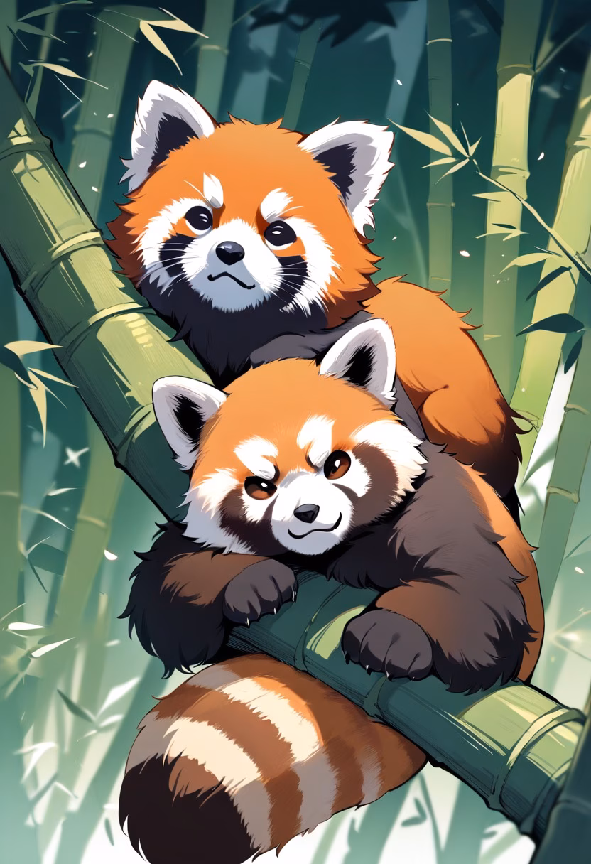 Resting Red Panda — view 5 — red panda, resting on tree branch, bamboo forest, fluffy tail, curious expression, wildlife, cute, detailed fur, masterp