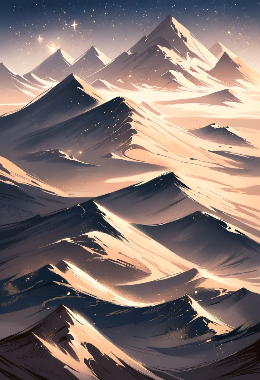 Desert Caravan Trail — view 3 — Ancient desert caravan trail with weathered stone markers, winding through vast sandy dunes, clear winter night with cou