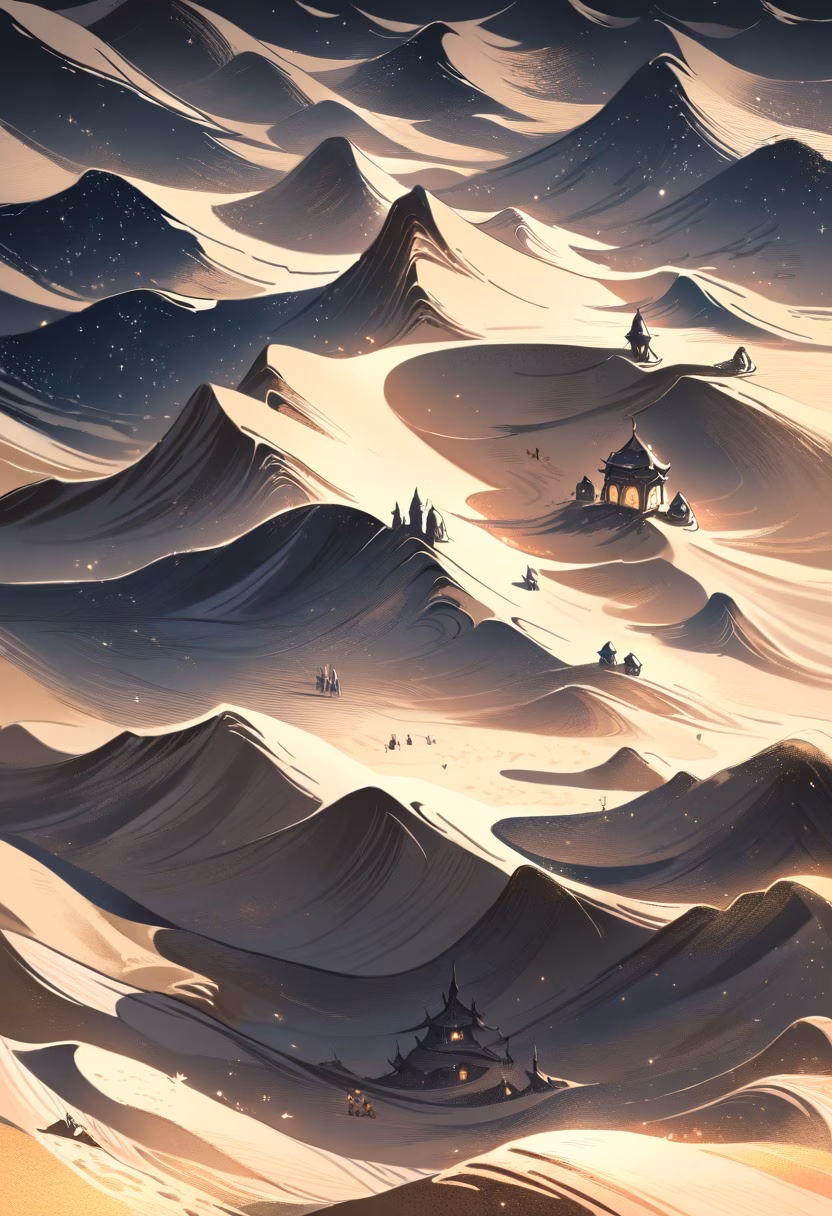 Desert Caravan Trail — view 4 — Ancient desert caravan trail with weathered stone markers, winding through vast sandy dunes, clear winter night with cou