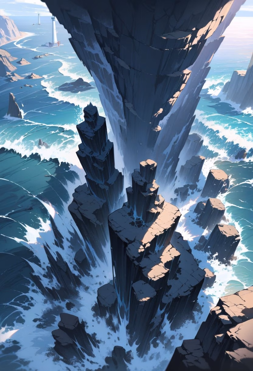 Lighthouse Cliff Dawn — view 2 — Coastal lighthouse cliff with towering white beacon, overlooking dramatic Atlantic coastline, stormy spring morning with