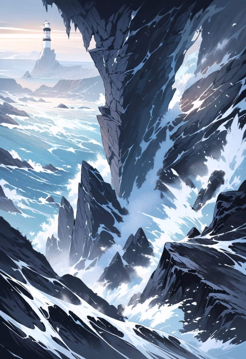 Lighthouse Cliff Dawn — view 3 — Coastal lighthouse cliff with towering white beacon, overlooking dramatic Atlantic coastline, stormy spring morning with