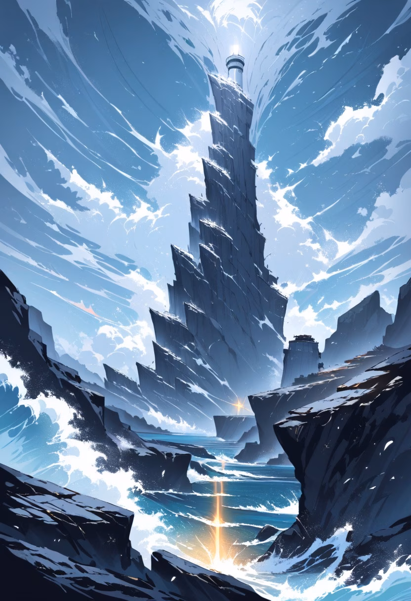 Lighthouse Cliff Dawn — view 5 — Coastal lighthouse cliff with towering white beacon, overlooking dramatic Atlantic coastline, stormy spring morning with