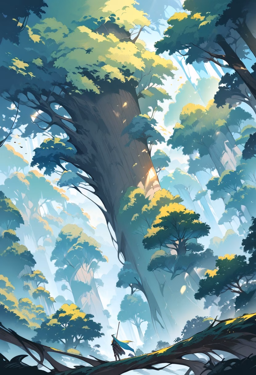 Sequoia Forest Trail — view 1 — Towering sequoia forest with massive ancient trunks, enveloping narrow mossy hiking trail, misty spring morning with sun