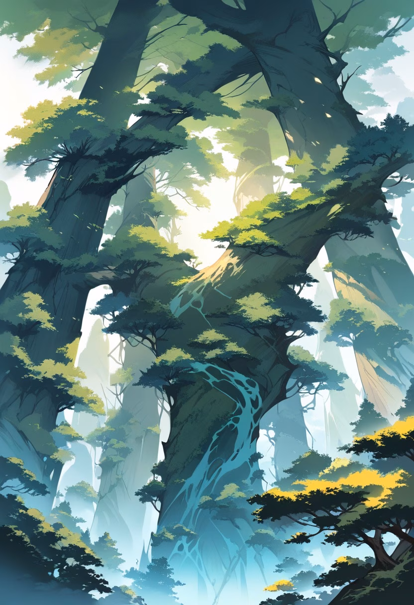 Sequoia Forest Trail — view 5 — Towering sequoia forest with massive ancient trunks, enveloping narrow mossy hiking trail, misty spring morning with sun