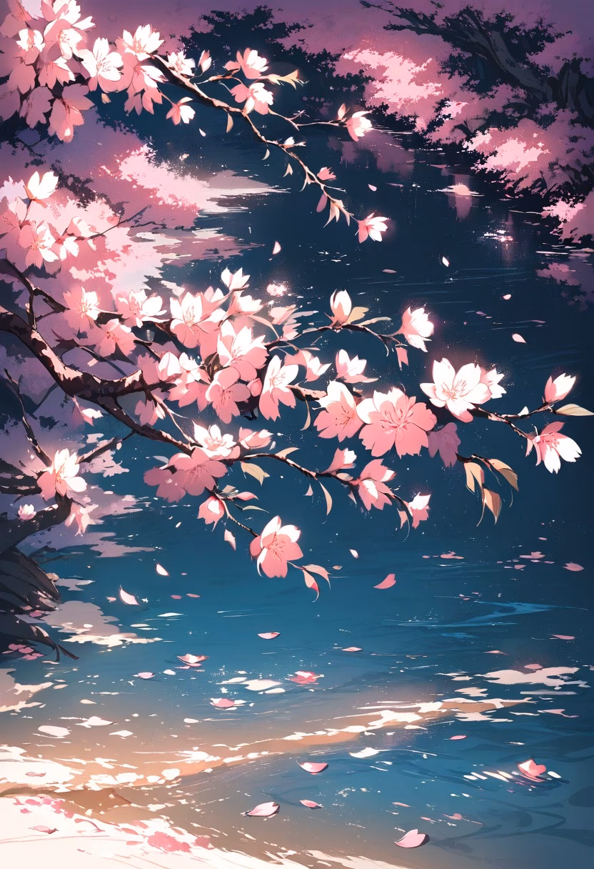 Cherry Blossom Grove — view 1 — Blooming cherry blossom grove with delicate pink petals, lining tranquil pond pathway, gentle spring breeze scattering p