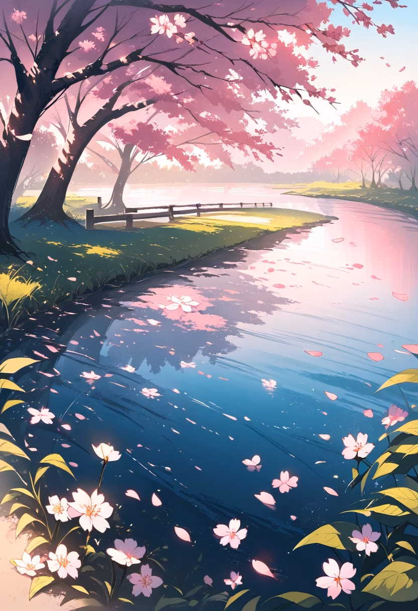 Cherry Blossom Grove — view 2 — Blooming cherry blossom grove with delicate pink petals, lining tranquil pond pathway, gentle spring breeze scattering p