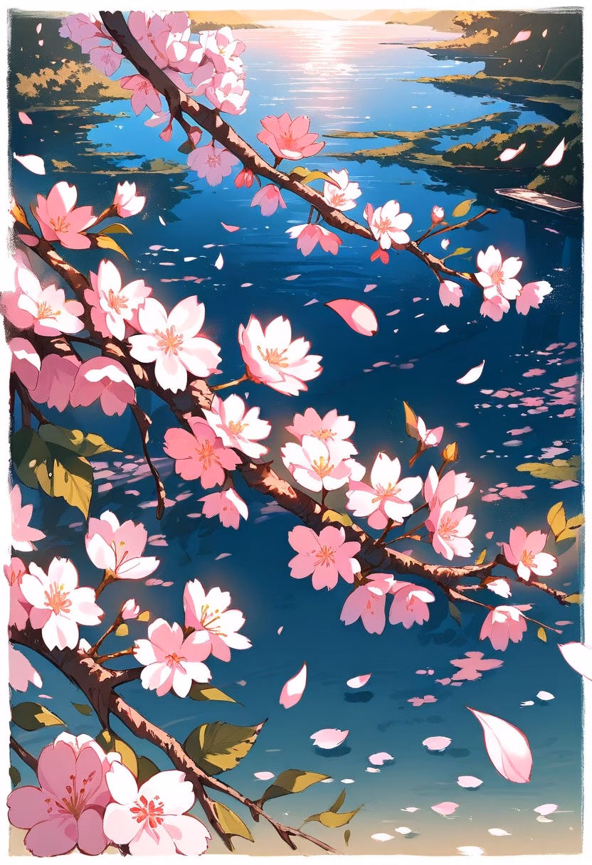 Cherry Blossom Grove — view 3 — Blooming cherry blossom grove with delicate pink petals, lining tranquil pond pathway, gentle spring breeze scattering p