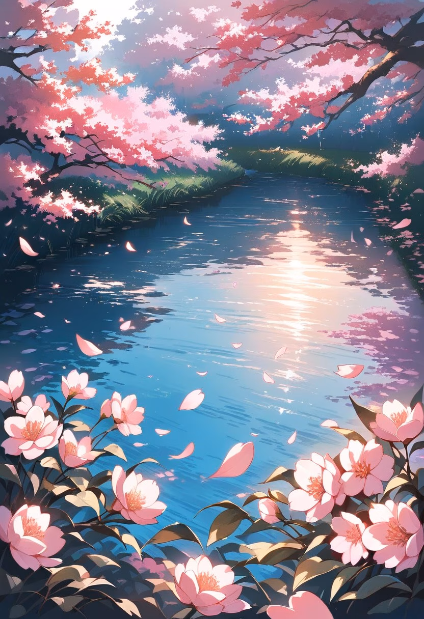 Cherry Blossom Grove — view 4 — Blooming cherry blossom grove with delicate pink petals, lining tranquil pond pathway, gentle spring breeze scattering p