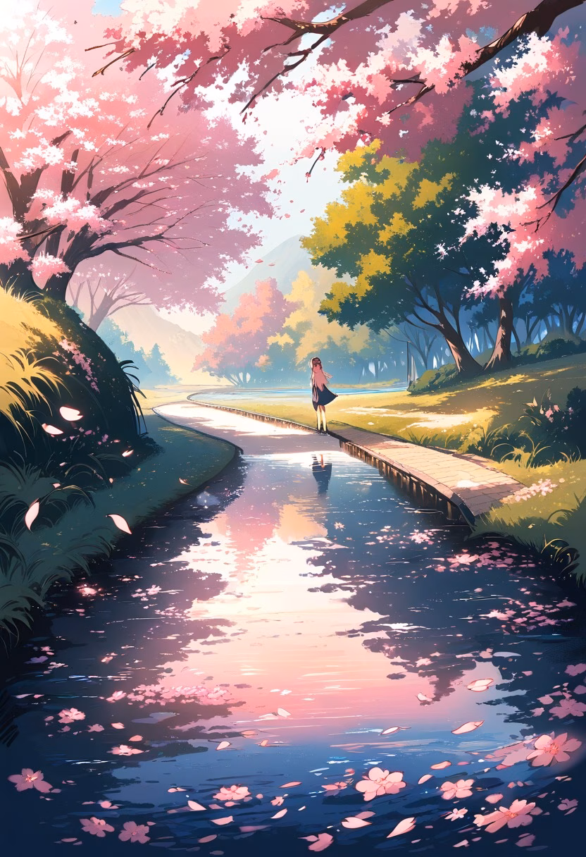Cherry Blossom Grove — view 5 — Blooming cherry blossom grove with delicate pink petals, lining tranquil pond pathway, gentle spring breeze scattering p