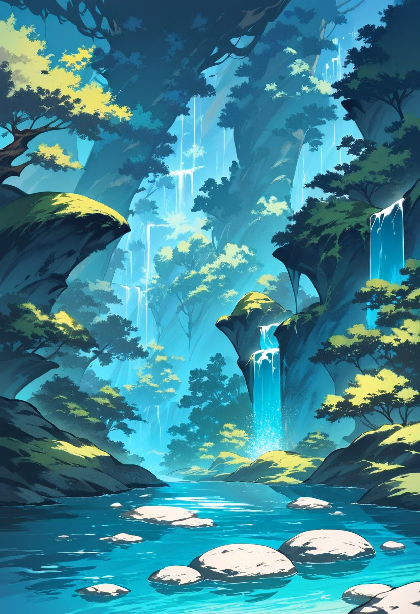 Jungle Waterfall Pool — view 1 — Crystal clear waterfall pool with cascading turquoise waters, nestled within lush jungle gorge, humid summer evening wit