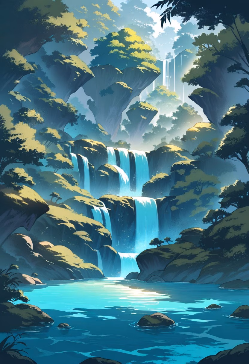 Jungle Waterfall Pool — view 2 — Crystal clear waterfall pool with cascading turquoise waters, nestled within lush jungle gorge, humid summer evening wit