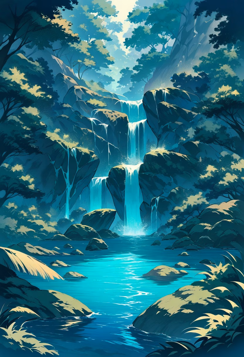 Jungle Waterfall Pool — view 3 — Crystal clear waterfall pool with cascading turquoise waters, nestled within lush jungle gorge, humid summer evening wit