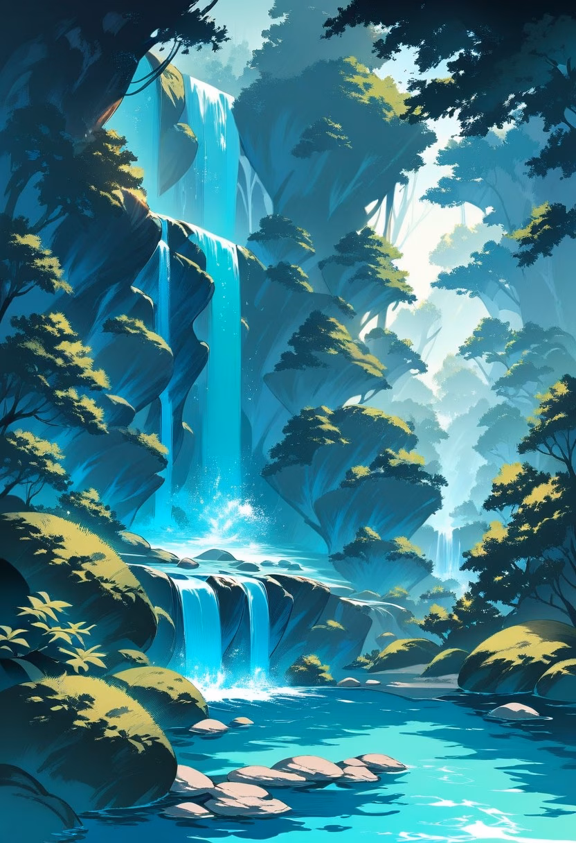 Jungle Waterfall Pool — view 4 — Crystal clear waterfall pool with cascading turquoise waters, nestled within lush jungle gorge, humid summer evening wit
