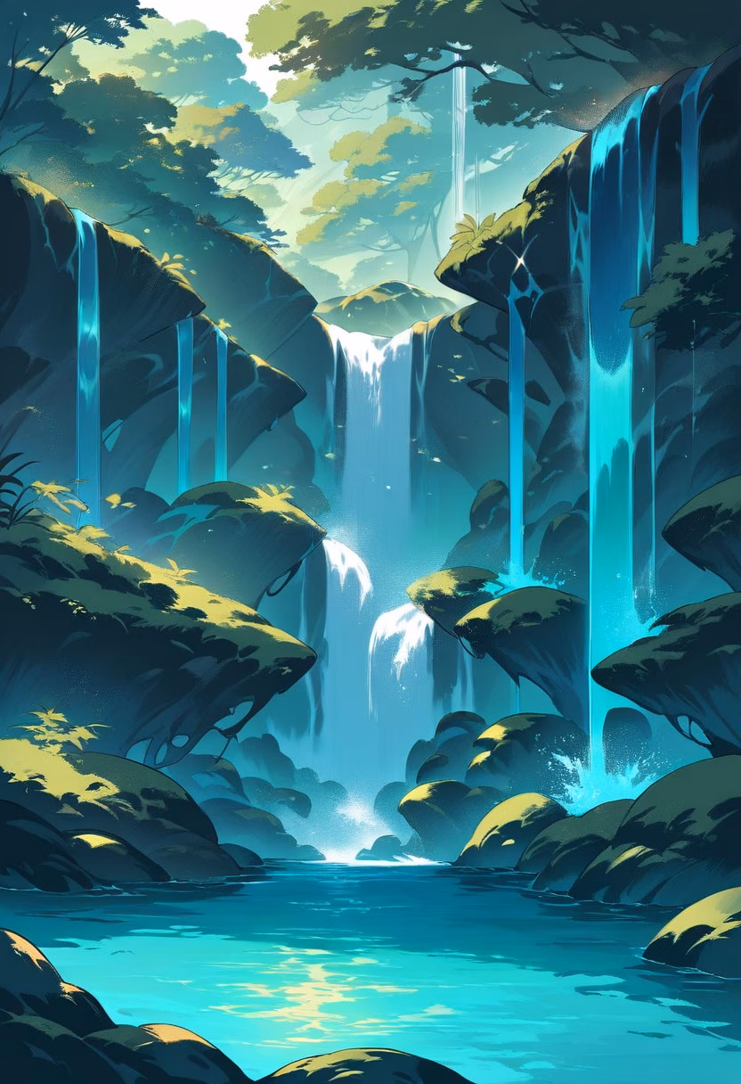Jungle Waterfall Pool — view 5 — Crystal clear waterfall pool with cascading turquoise waters, nestled within lush jungle gorge, humid summer evening wit