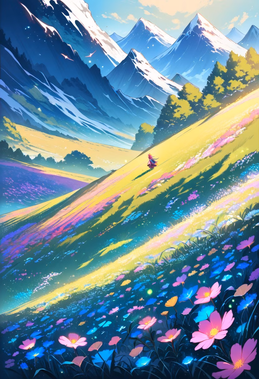 Alpine Wildflower Meadow — view 1 — Wildflower alpine meadow with vibrant colorful blooms, stretching beneath towering snow-capped peaks, cool summer night 